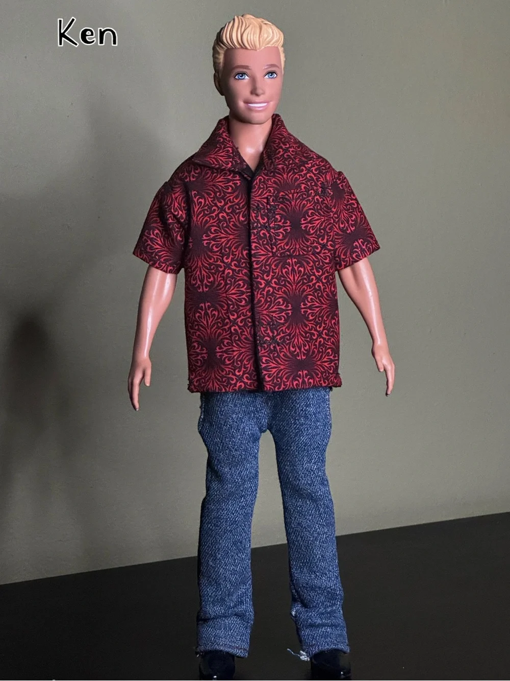 Crimson damask swirl print doll shirt lined in black